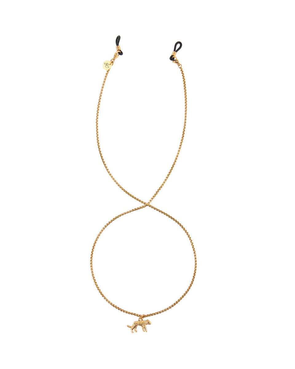 Sunny cord 18 gold plated brillenkoord met een jaguar als hanger.